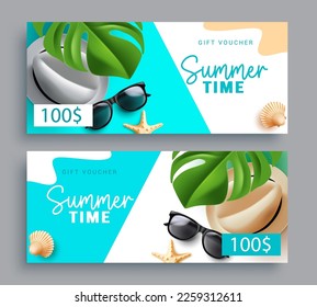 Summer time vector set design. Summer gift voucher and shopping with beach elements coupon vouchers. Vector illustration discount card collection. 