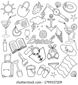 Summer time. Vector set of illustrations. Outline on white isolated background. Doodle style. Sketch. Beach collection. Coloring book for children. Vacation mood. Lettering. Watch, martini, strawberry