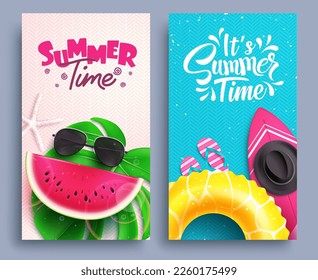 Summer time vector set. Summer time text with beach holiday elements for banner background. Vector illustration summer poster.
