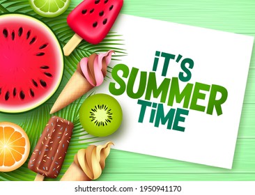 Summer time vector template design. It's summer time text in white frame space with tropical fruit elements like ice cream, popsicle, watermelon and citrus for tropical season. Vector illustration. 