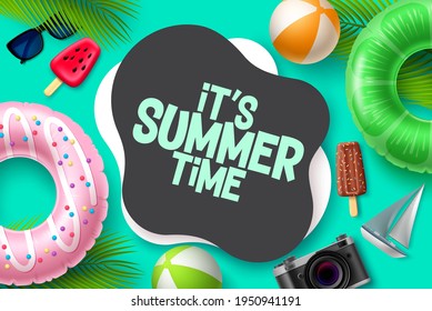 Summer time vector template design. It's summer time in blank space for text with tropical season elements like popsicle, floaters and beach ball for beach vacation. Vector illustration. 