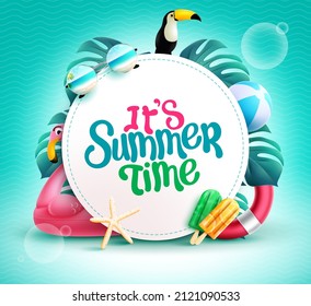 Summer time vector template design. It's summer time text with 3d tropical season elements of leaves, popsicle and floaters in blue pattern background for relax tropical season. Vector illustration.
