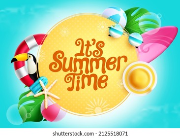 Summer time vector template design. It's summer time text in yellow circle space with 3d tropical season elements for vacation holiday messages. Vector illustration.
