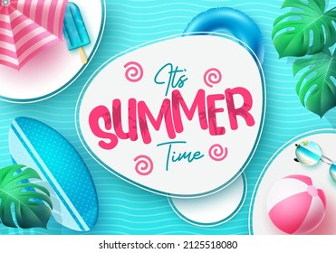 Summer time vector template design. It's summer time text in floating white space with pool water background for relax and enjoy outdoor vacation. Vector illustration.
