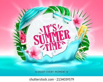 Summer time vector template design. It's summer time text in white circle foliage with tropical leaves and sea water splash elements for holiday season messages. Vector illustration.
