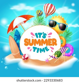 Summer time vector template design. It's summer time text in empty space in sand island with colorful beach elements. Vector illustration tropical season background. 