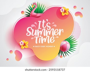 Summer time vector template design. It's summer time text in abstract space with foliage leaves, flamingo and beachball floaters for tropical holiday season. Vector illustration.
