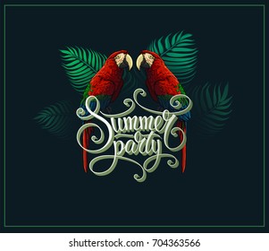 Summer time vector. Tropical leaves, exotic birds and calligraphy letters on black background.f  Jungle theme design template for banner or poster. Vintage style frame. EPS 10. 