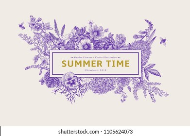 Summer time. Vector vintage illustration. Garden flowers. Ultraviolet