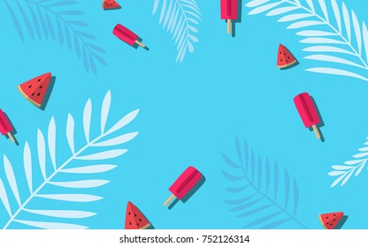 It's summer time vector wallpaper in pastel color with watermelon, red ice cream bar and leaves in the background with free copy space in the center