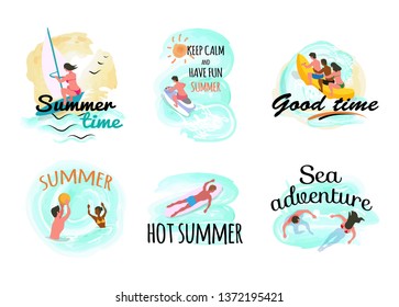 Summer time vector, windsurfing woman and people riding banana boat set, man on surfing board, surfer and swimming couple. Waterpolo game with ball