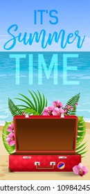 Its summer time vertical banner design with tropical leaves, pink flowers, red suitcase, beach and sea. Calligraphic text can be used for labels, flyers, posters.