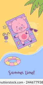 Summer time vertical poster. Happy pig beachgoer sunbathing on tropical shore under palm leaves. Cute beach holiday animal character. Vector illustration.