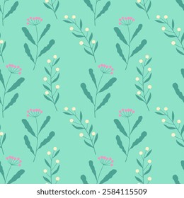 Summer time vibe. Herbal doodles, botanical pattern, twigs with pink and white berries on mint green background. Summer meadow, clearing with herbs.