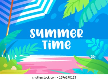 Summer Time Vibrant Banner with Palm Tree Leaves, Exotic Tropical Plants, Sandy Beach, Sun Umbrella and Sea View. Promo Poster for Summertime Leisure, Travel, Entertainment Cartoon Vector Illustration