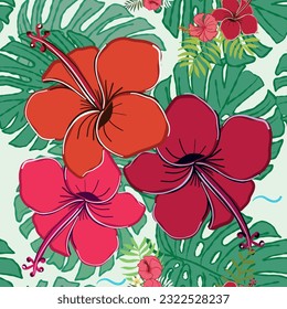 Summer time vibrant red hibiscus and tropical leaves beautiful vector seamless fabric design pattern background