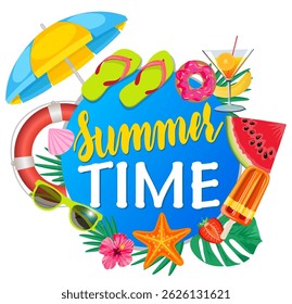 Summer time. View of lifebuoy, ice cream, starfish, cocktail, ball, and round paper on white background. Hello, summer background circle. Vector illustration. For web, poster, logo