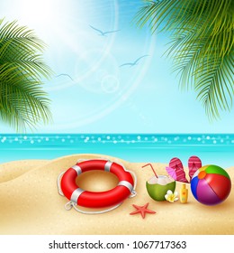 It's summer time. View of stuff on the beach - ball, lifebuoy, slipper and starfish on a sunny summer day 