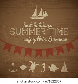 Summer time vintage background with wood texture red flags garland and nautical cartoon icons flat vector Illustration
