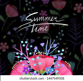 Summer Time Vintage Blooming Flowers Greeting Card. Wildflowers bouquet flat vector illustration. Greeting card summer time hand drawn lettering on floral colorful background.