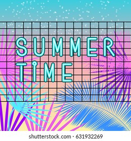 Summer time. Vintage neon signboard. Palm colorful silhouettes on a gradient background sunset, 80's and 90's style. Webpunk, vaporwave. Kitsch print, aesthetic. Bright vector illustration EPS 10