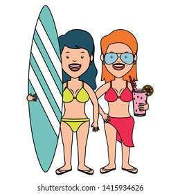 summer time vtwo women with cocktail and surfboard vector illustration