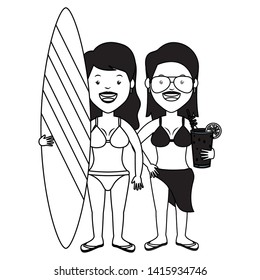 summer time vtwo women with cocktail and surfboard vector illustration