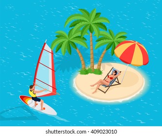 It's Summer time wallpaper. Woman drinking juice and sunning on the beach. A man rides a windsurfing. Can be used for advertisement, game or mobile apps icon. 
