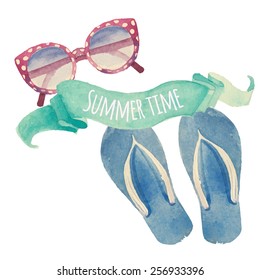 Summer time. Watercolor summer vacation retro label. Vintage hand drawn beach travel objects: sunglasses, flip flops and artistic mint ribbon. Vector isolated illustration