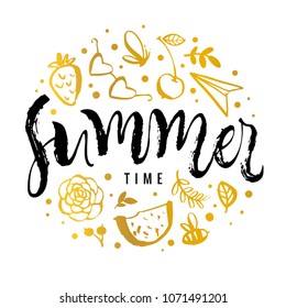 Summer time. Watermelon, butterfly, cherry, airplane, flower, strawberry in gold frame. Calligraphy greeting card. Hand drawn design elements. Handwritten modern brush lettering. Vector illustration.