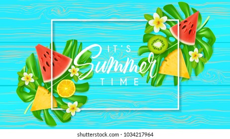 It's summer time web banner. Top view on Summer composition with tropical fruit and plumeria flowers on wooden texture. Vector illustration. Concept of seasonal beach recreation.