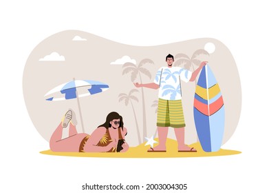 Summer time web character concept. Woman in swimsuit sunbathing on beach, man is going to surf. Couple rest on vacation isolated scene with persons. Vector illustration with people in flat design