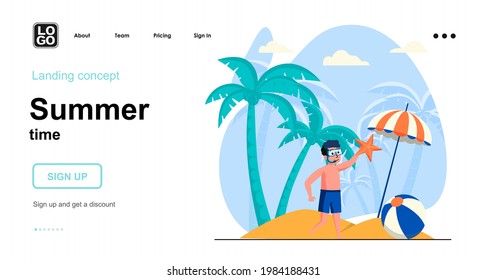 Summer time web concept. Boy in swimming mask holding starfish, resting at seaside resort vacation. Template of people scenes. Vector illustration with character activities in flat design for website