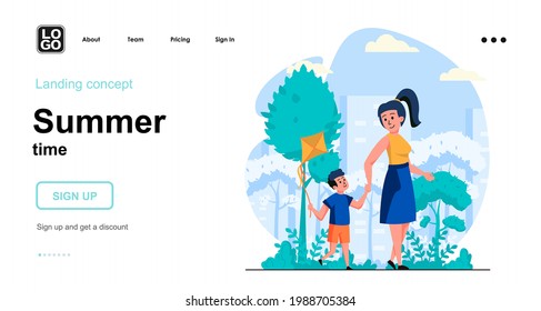 Summer time web concept. Mother walks with her son in city park, child flies kite, family leisure. Template of people scene. Vector illustration with character activities in flat design for website