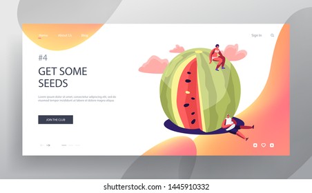 Summer Time Website Landing Page, Characters in Swimsuit Relaxing on Huge Watermelon. People, Family or Friends Having Fun Playing on Beach, Relaxing Web Page. Cartoon Flat Vector Illustration, Banner