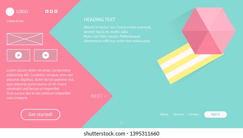 Summer Time Website Template Landing page. Sun, Umbrella, sand, homepage. Seasonal Vacation  Adaptive 3D Isometric Website Template Landing page with trendy men and women colors, with copy space.