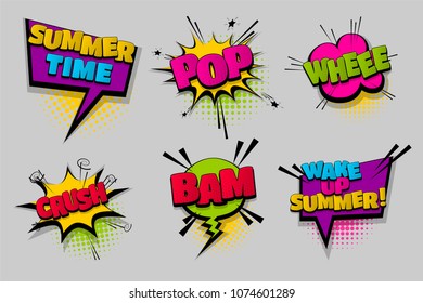 Summer time whee crush pop set hand drawn pictures effects template comics speech bubble halftone dot background pop art style. Comic dialog cloud. Idea conversation sketch explosion.