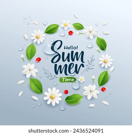 Summer time white jasmine flower and green leaf, rose petals, water drop, circle shape poster design on blue backgeound, Eps 10 vector illustration