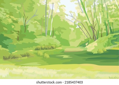 Sommerzeit: breites grünes Gras und tropischer Wald hinter 