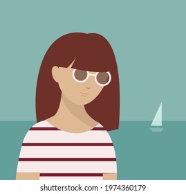 summer time woman beach boat sand sea palm tree vector illustration