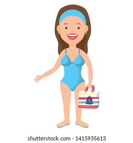 summer time woman in swimsuit with handbag vector illustration