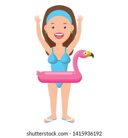 summer time woman in swimsuit wwith flamingo float vector illustration