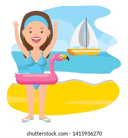 summer time woman in swimsuit wwith flamingo float in the beach vector illustration