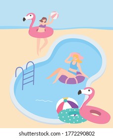 summer time women floating on inflatable in the pool with ball vector illustration