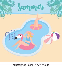 summer time women in pool with balls and flamingo float vacation tourism vector illustration
