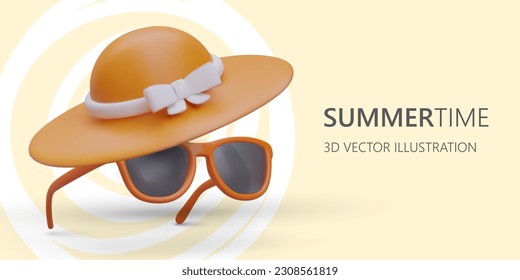 Summer time. Women wide brimmed sun hat, sunglasses. Color banner with 3D images and place for text. Time for rest and travel. Tanning season. Accessories for hot weather