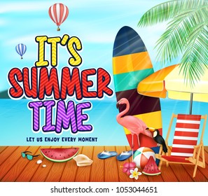 It's Summer Time Wooden Pier View at The Beach with Hot Air Balloons, Flamingo, Toucan, Watermelon, Bench, Umbrella, Surfboard, Seashell, Sunglasses and Palm Leaves. Vector Illustration