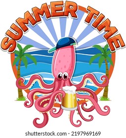 Summer time word with squid cartoon illustration