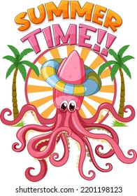 Summer time word with squid cartoon illustration