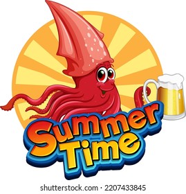 Summer time word with squid cartoon illustration